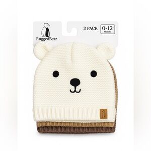 NWT Rugged Bear Baby Knit Hat Set | 3-Pack | 0–12 Months | Teddy Bear Design